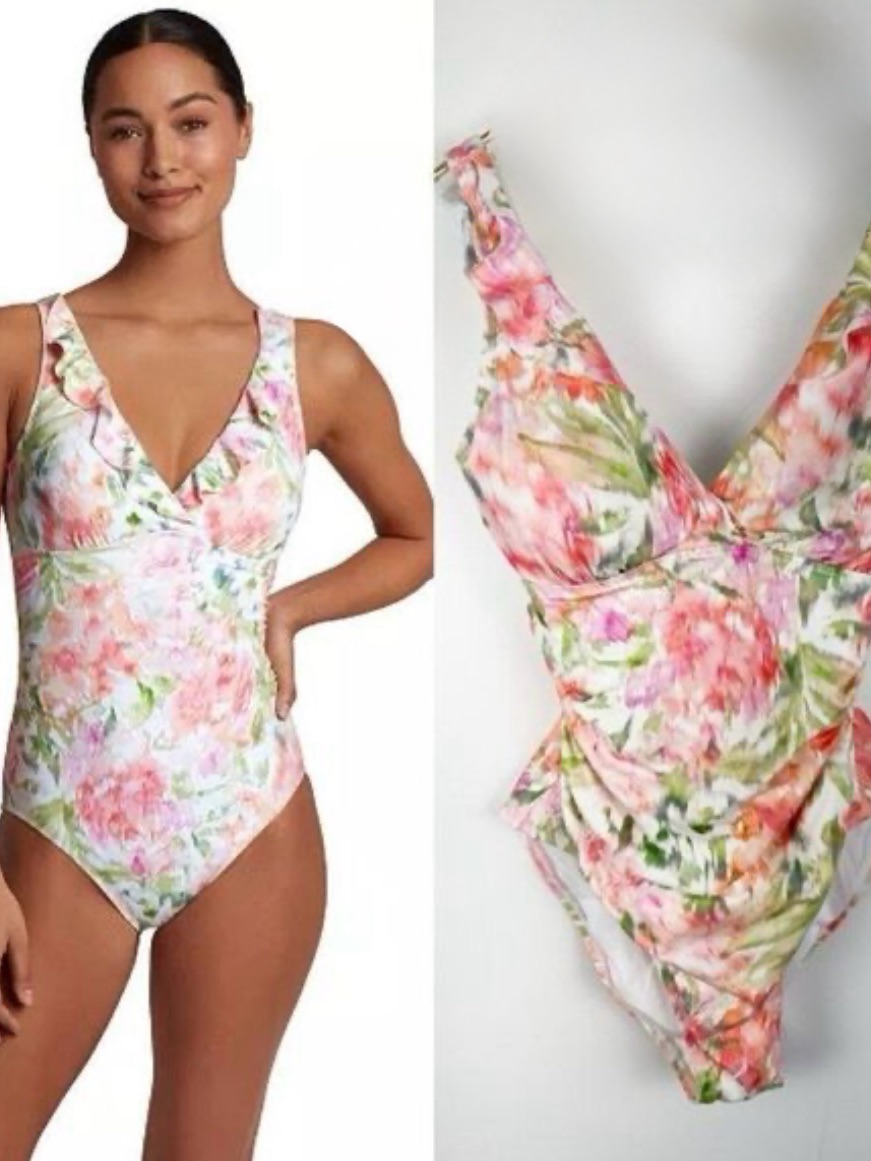 Lauren Ralph Lauren Pink Floral V Neck Ruffle Side Rushed One Piece Swimsuit 16